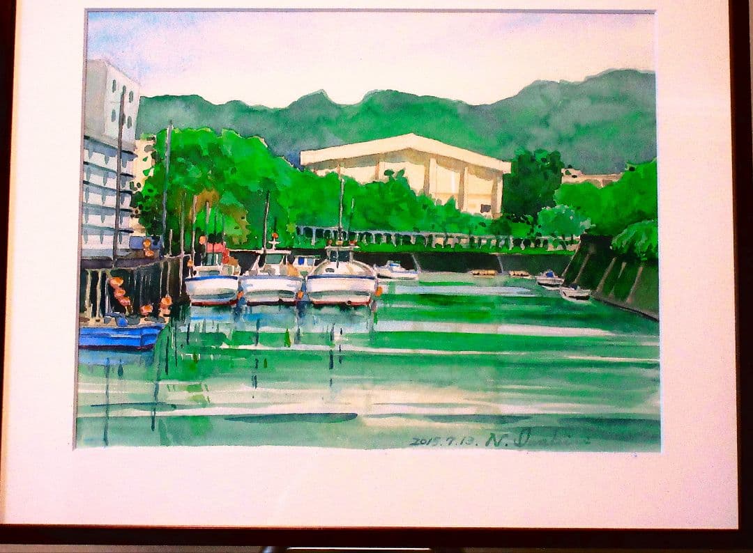 水彩画 平作川からの景色、額装付き、原画