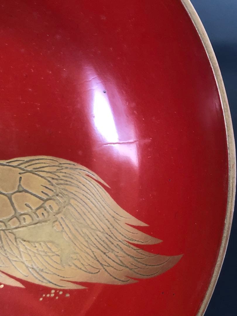 《レ》朱塗 鶴亀蒔絵 蓋内金 吸物椀5客 木製漆器 時代　251110う5