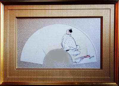 前田青邨 「一服（白描）」日本画(紙本・水墨・淡彩） 扇面　額装　東美鑑定証付