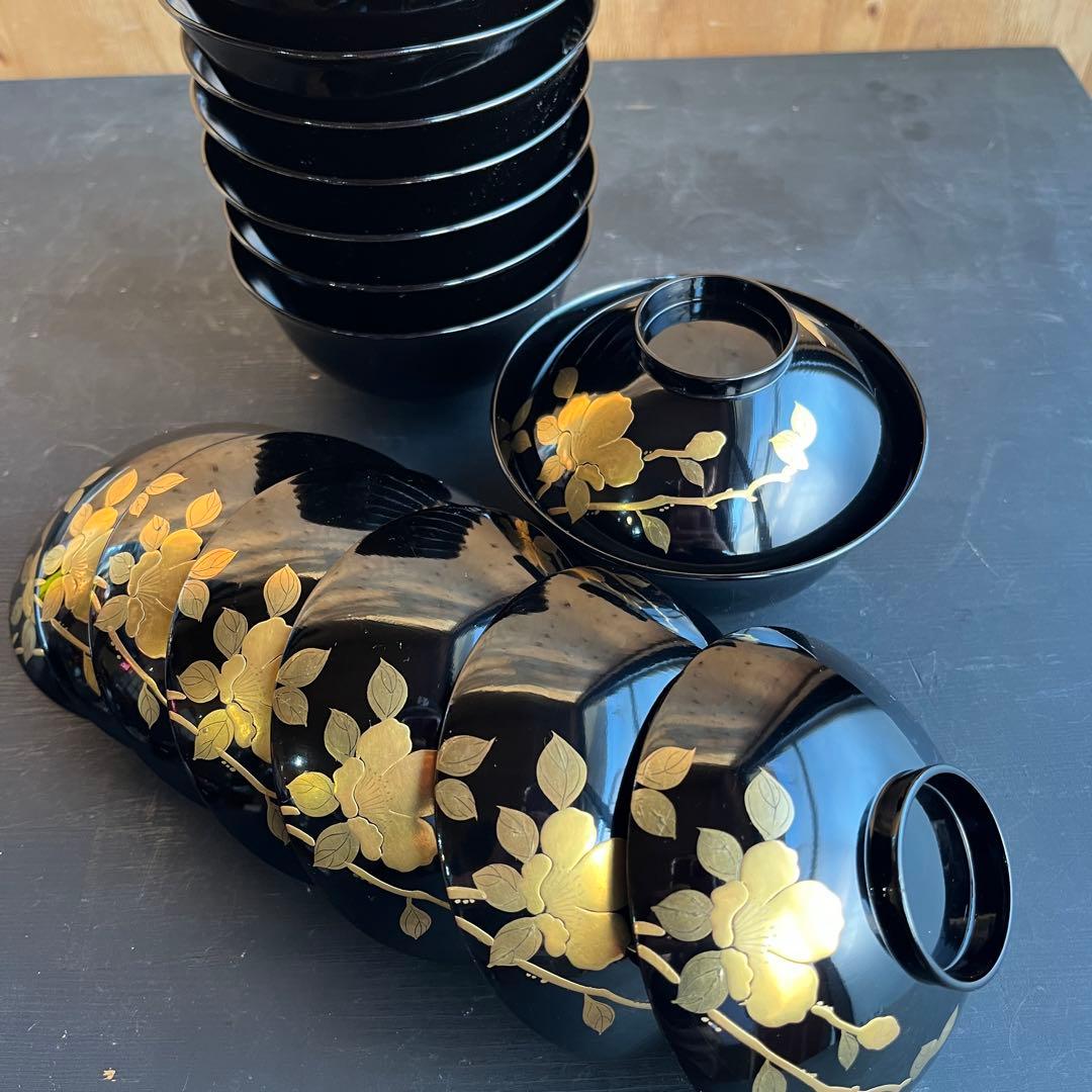 木製漆器 千鳥 金蒔絵 盛金 吸物椀 八客 黒塗 椿 時代
