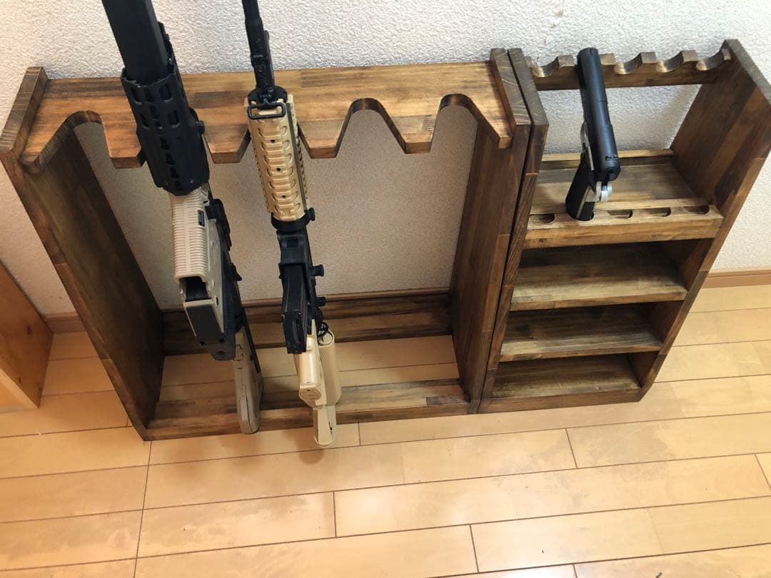 ガンラック　ハンドガン・ライフル銃用収納　木製ライフルスタンド2点セット