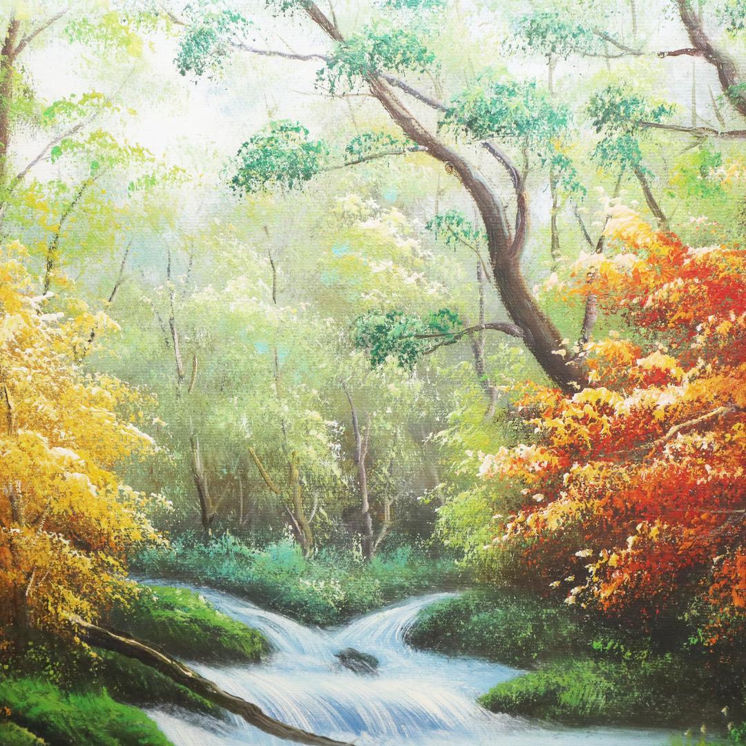 真作保証 流月真一 油彩 風景画「紅葉の奥入瀬」画寸約 32cm×41cm F6