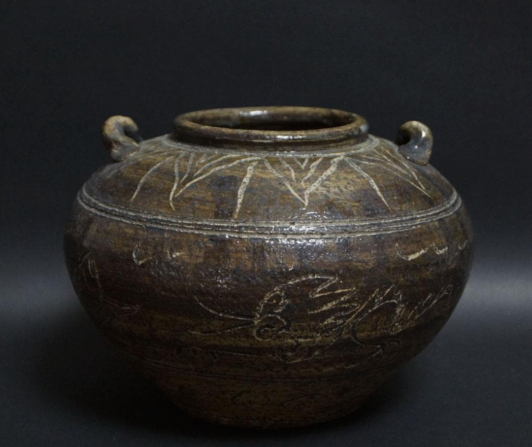 茶道具 伝世 古安南(17～18世紀）釘彫『双龍文』壺 /双耳飾壺 骨董品希少品