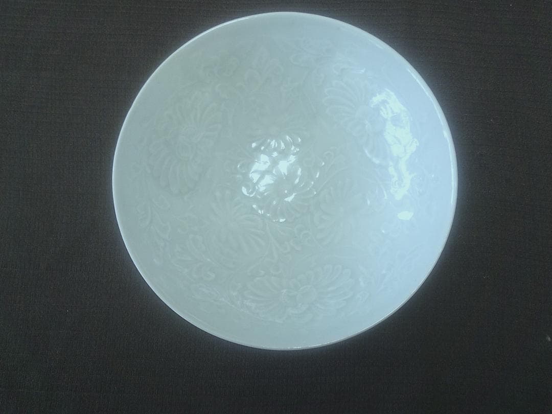 品格！【中国陶磁器　花文陽刻作上品物　鉢皿茶碗・G14】★水注　うっすら青み色合