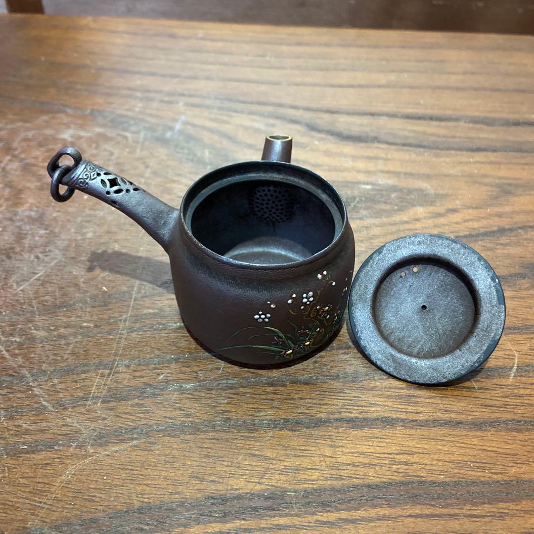 庄造作萬古焼朱泥金彩色絵草花文急須 煎茶道具