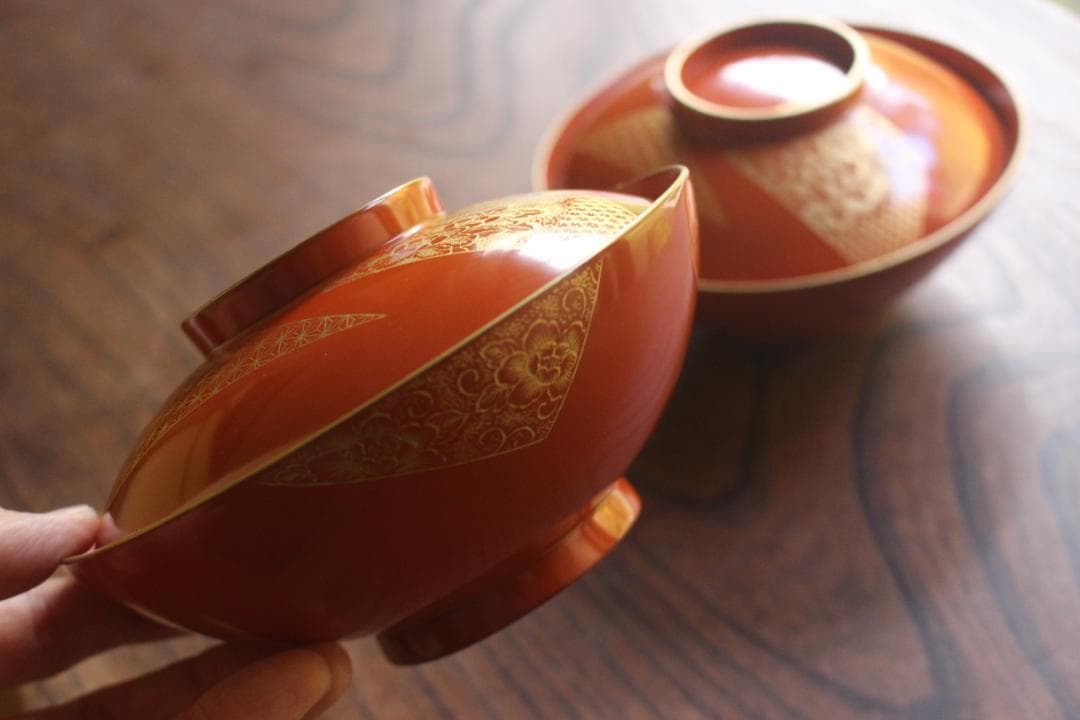 時代逸品！上質朱漆に極上花文沈金の大椀2点（検漆器輪島塗沈金椀雑煮椀