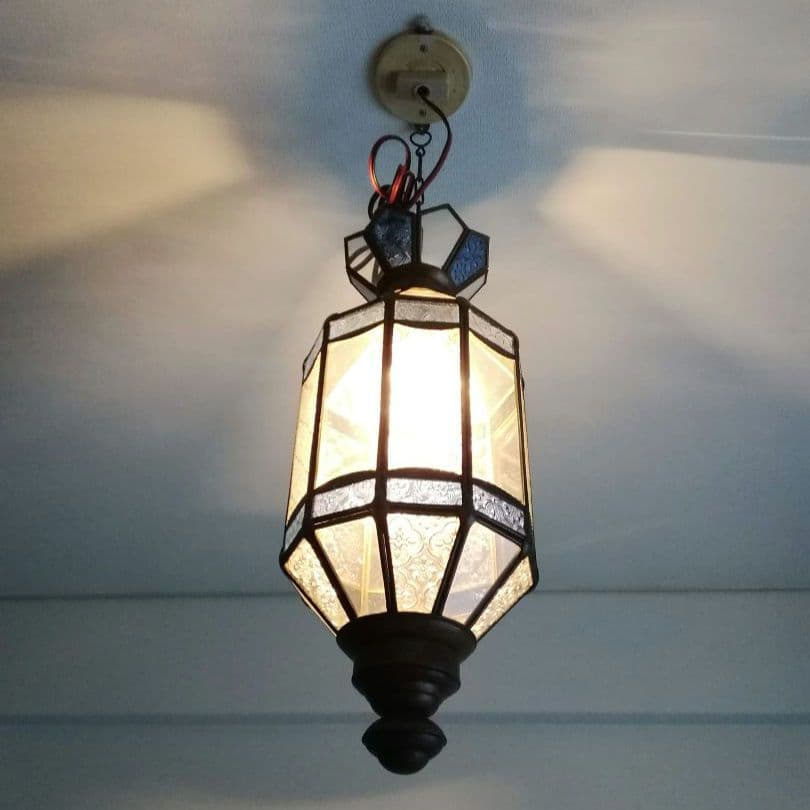 照明　ペンダントライト　型板硝子　真鍮　ステンドグラス　アンティーク　バリ島