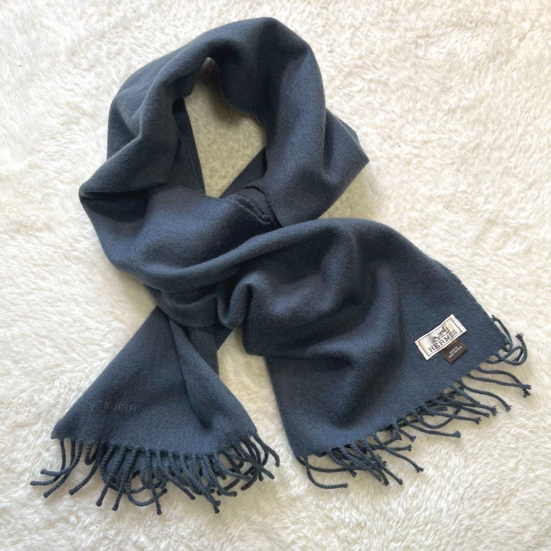 美品　HERMES エルメス　グレージュ　カシミヤ　マフラー　タグ　刺繍ロゴ
