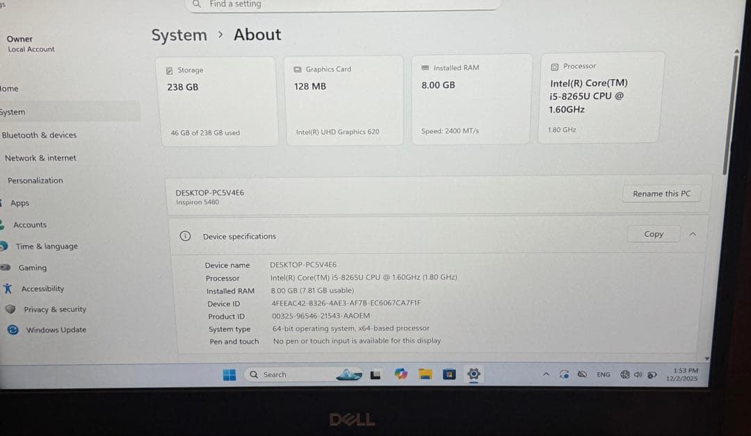 Windowsノート本体 DELL Inspiron 5480 i5-8265U 8GB 256GB