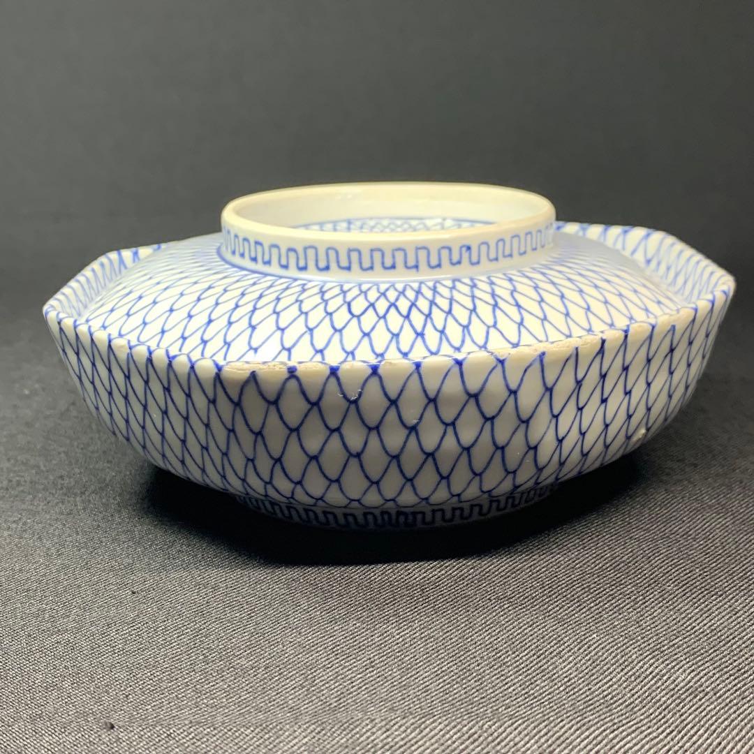 K631☆古伊万里 染付 手書き 網手 蓋もの 江戸後期