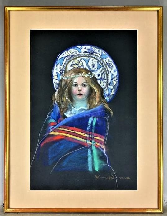 外国人画家の作品　人形を描いたパステル画　実力ある画家の大型サイズの絵