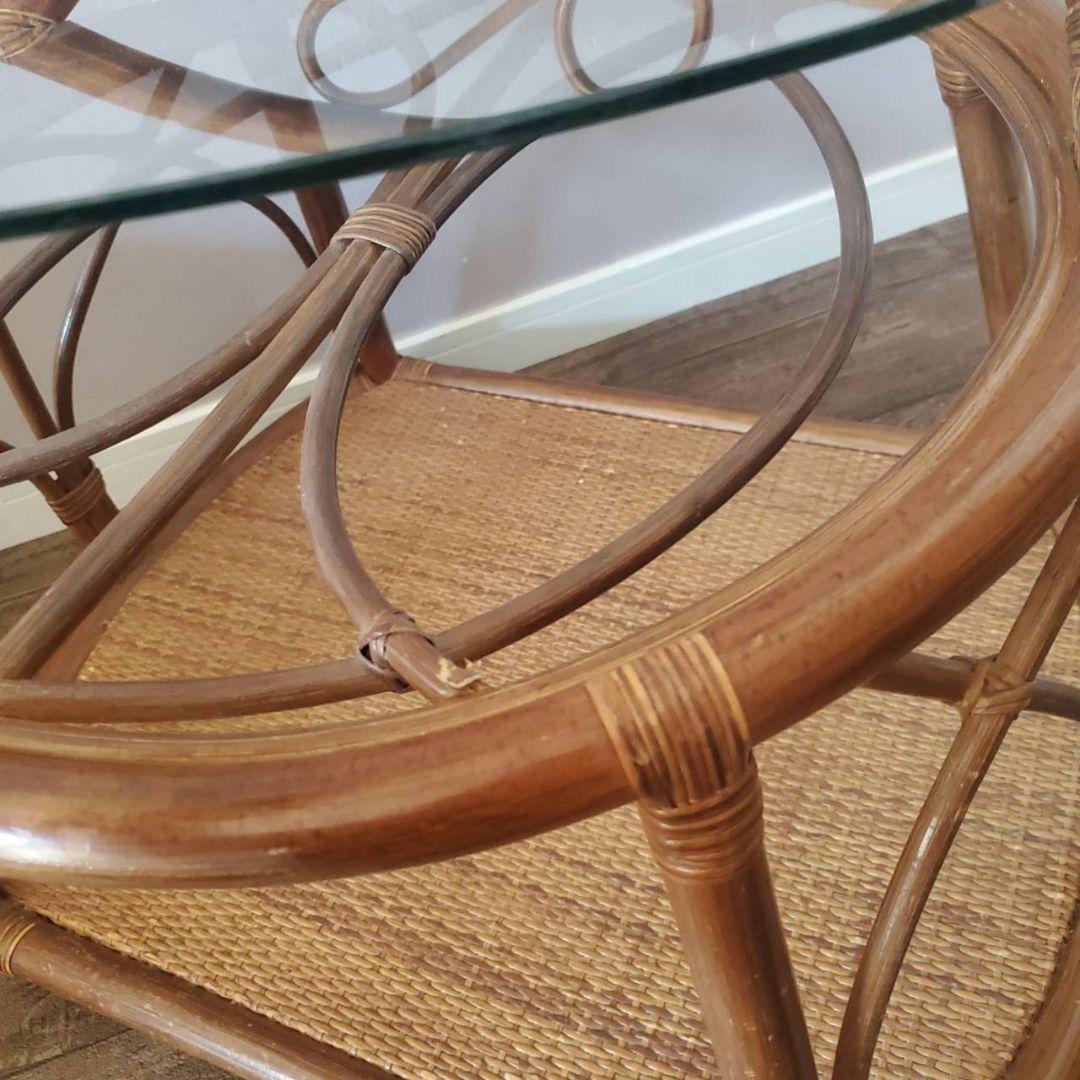 ラタン 円形 ガラステーブル 籐 レトロ アンティーク キャスター付き