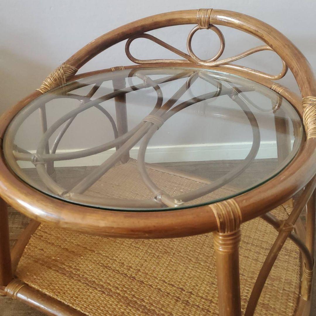ラタン 円形 ガラステーブル 籐 レトロ アンティーク キャスター付き