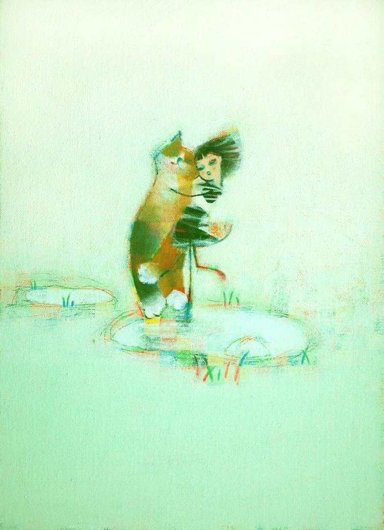 油絵 菅家令子 絵 絵画 インテリア F4-072719 可愛い子猫と女の子蟻