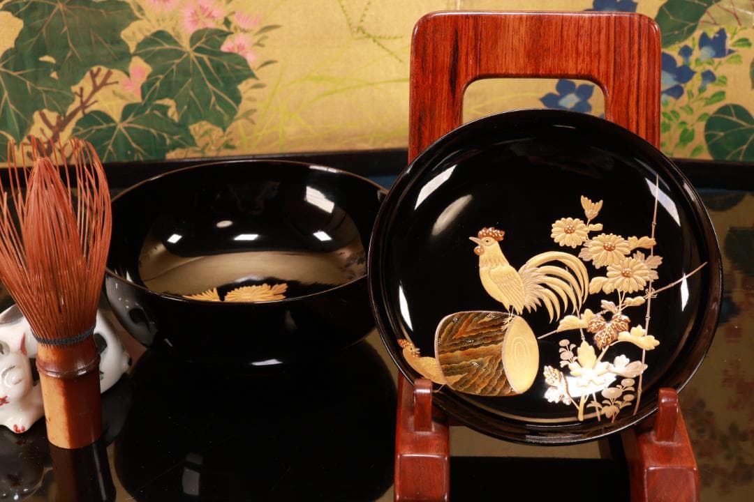 BJ133　時代輪島　加賀蒔絵　鶏図　吸物椀　一客　木製　茶道具 懐石 会席