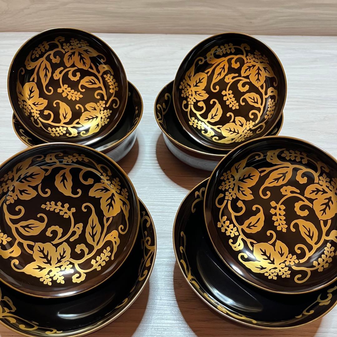 木製漆器 時代輪島塗 菊桐唐草 金蒔絵 溜塗 内黒塗 椀四客 天然木