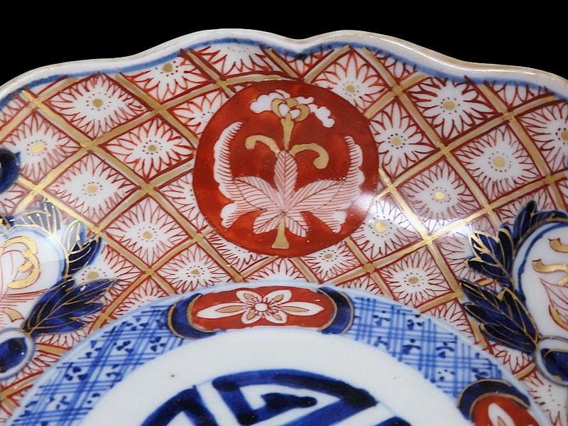 古伊万里　金襴手　菊花四方襷紋に吉祥紋の図　膾皿　2客　D960AS-fbtt