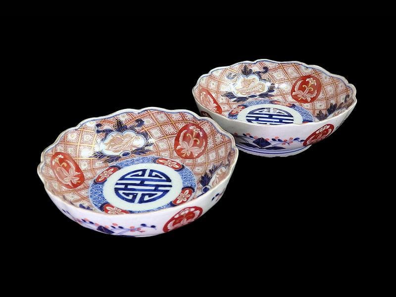 古伊万里　金襴手　菊花四方襷紋に吉祥紋の図　膾皿　2客　D960AS-fbtt