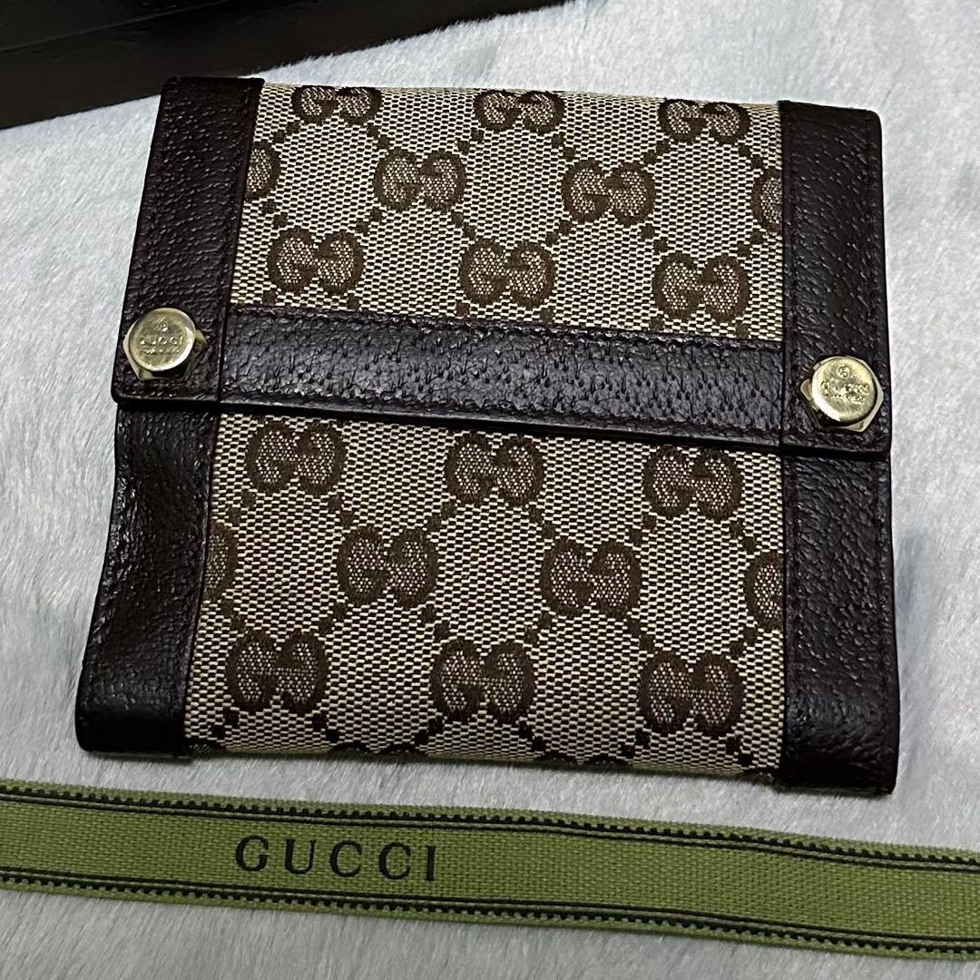 GUCCI グッチ　折り財布　キャンバスGG メタルロゴ　ブラウン　Wホック