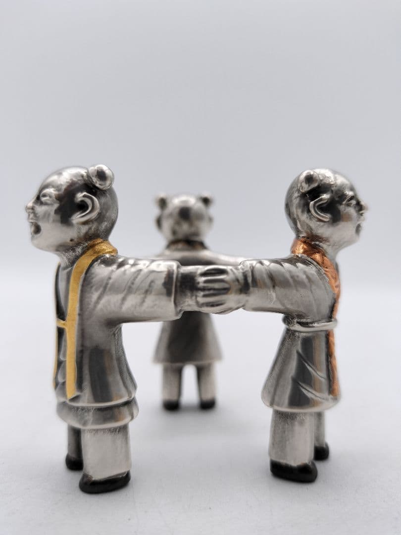 c640 蓋置 銀仕上 三つ人形 金谷浄雲 木箱 茶道具 古物