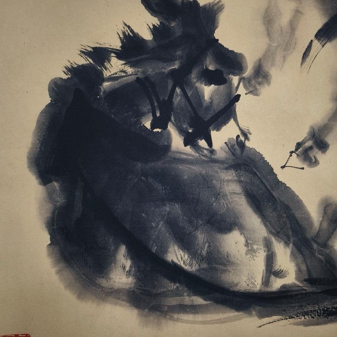 【証書付】黄胄《七頭毛驢》 中堂掛軸 絹本装裱 大幅 168×65cm 中国書画