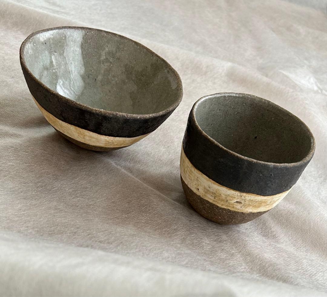 益子焼 渡辺桂子 ストライプ ボウル カップ セット