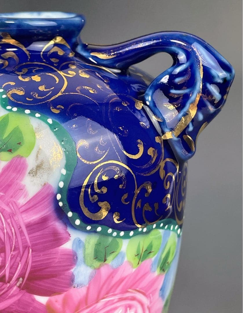 【希少】オールドニッポン 約２２．５cm アールヌーボー薔薇紋金盛りコバルト花瓶