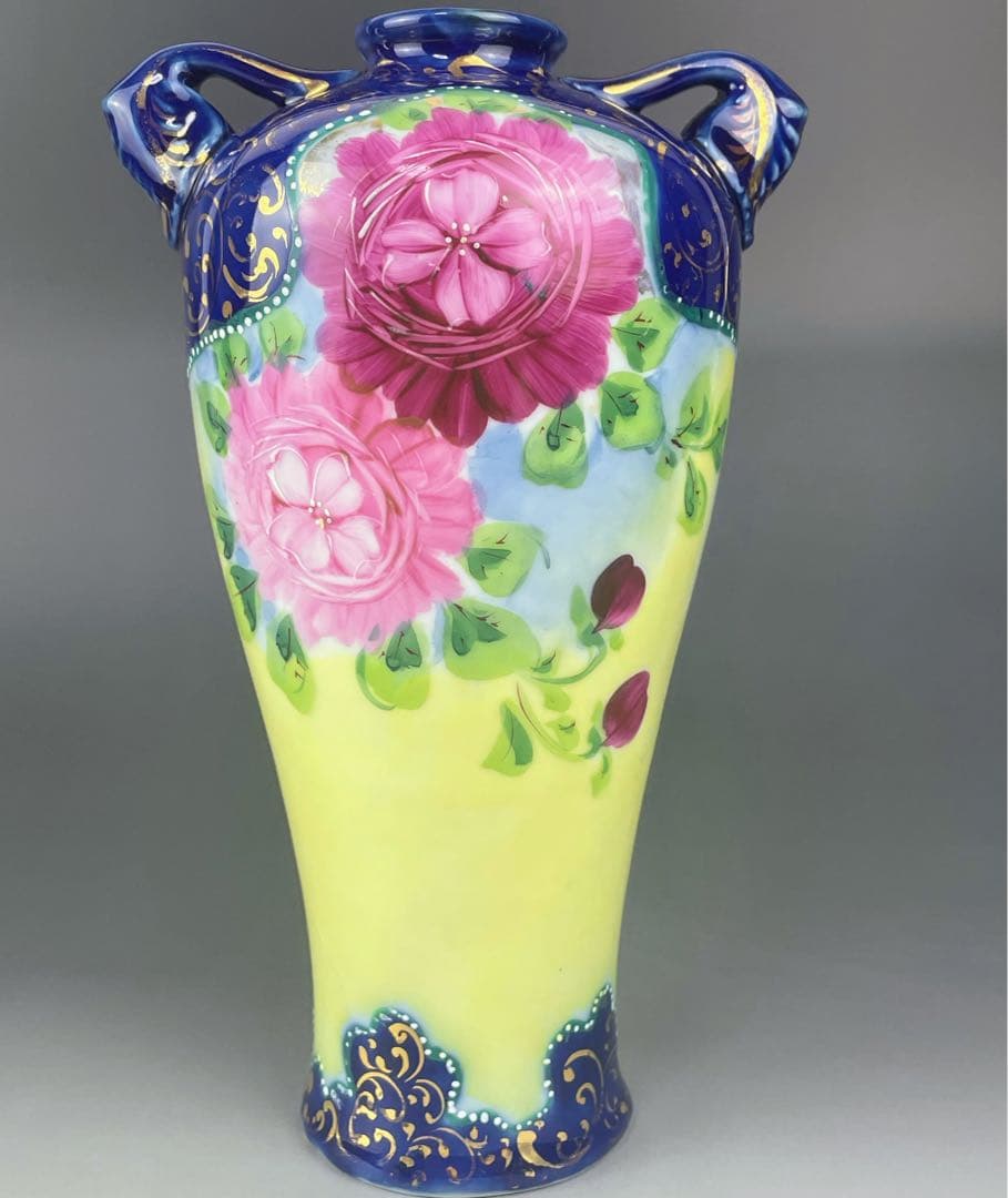 【希少】オールドニッポン 約２２．５cm アールヌーボー薔薇紋金盛りコバルト花瓶