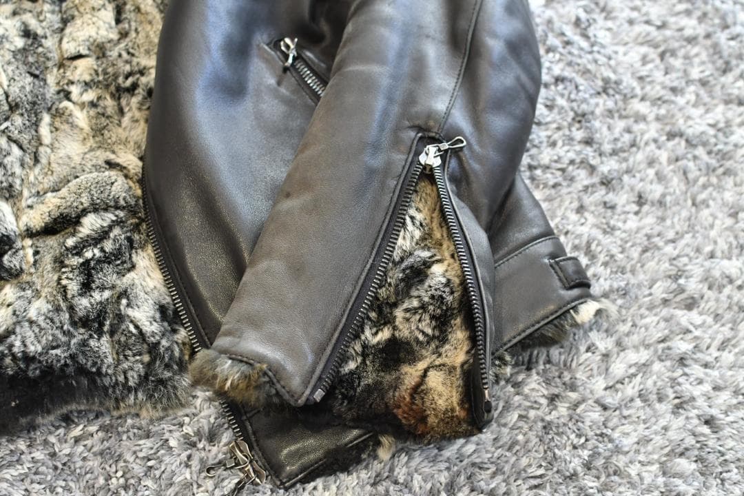 SHELLAC 羊革ライダースジャケット 総裏 ラビットファー 50