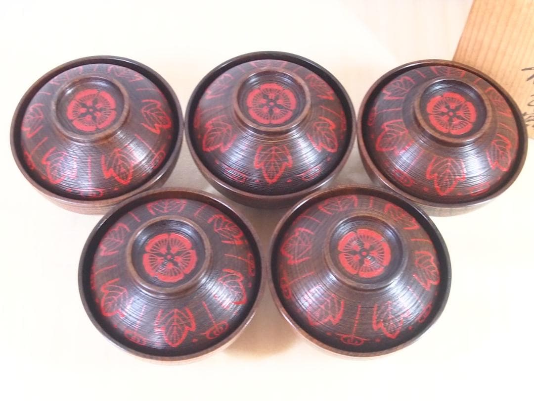 【良品】輪島塗 小崎清人 木地呂 吉野絵 煮物椀 5客 雑煮椀/大椀 漆器/食器