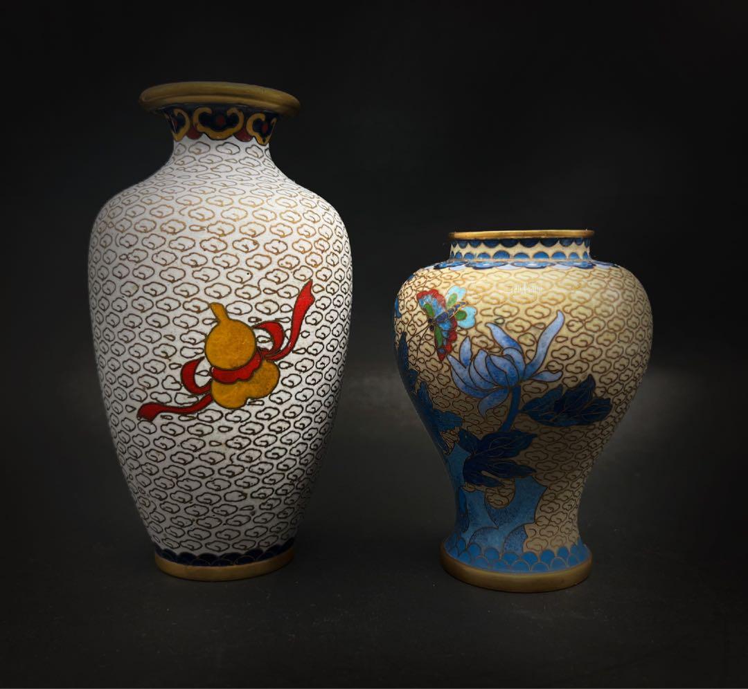 中國美術 古玩 七宝焼 景泰藍 茶葉罐 蓋置 花瓶まとめて 牡丹 梅 蝶々瓢箪