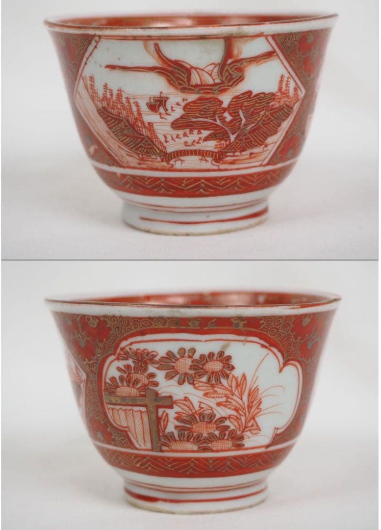 送料無料　明治中期九谷焼　金襴手細密画煎茶碗５客　煎茶道具