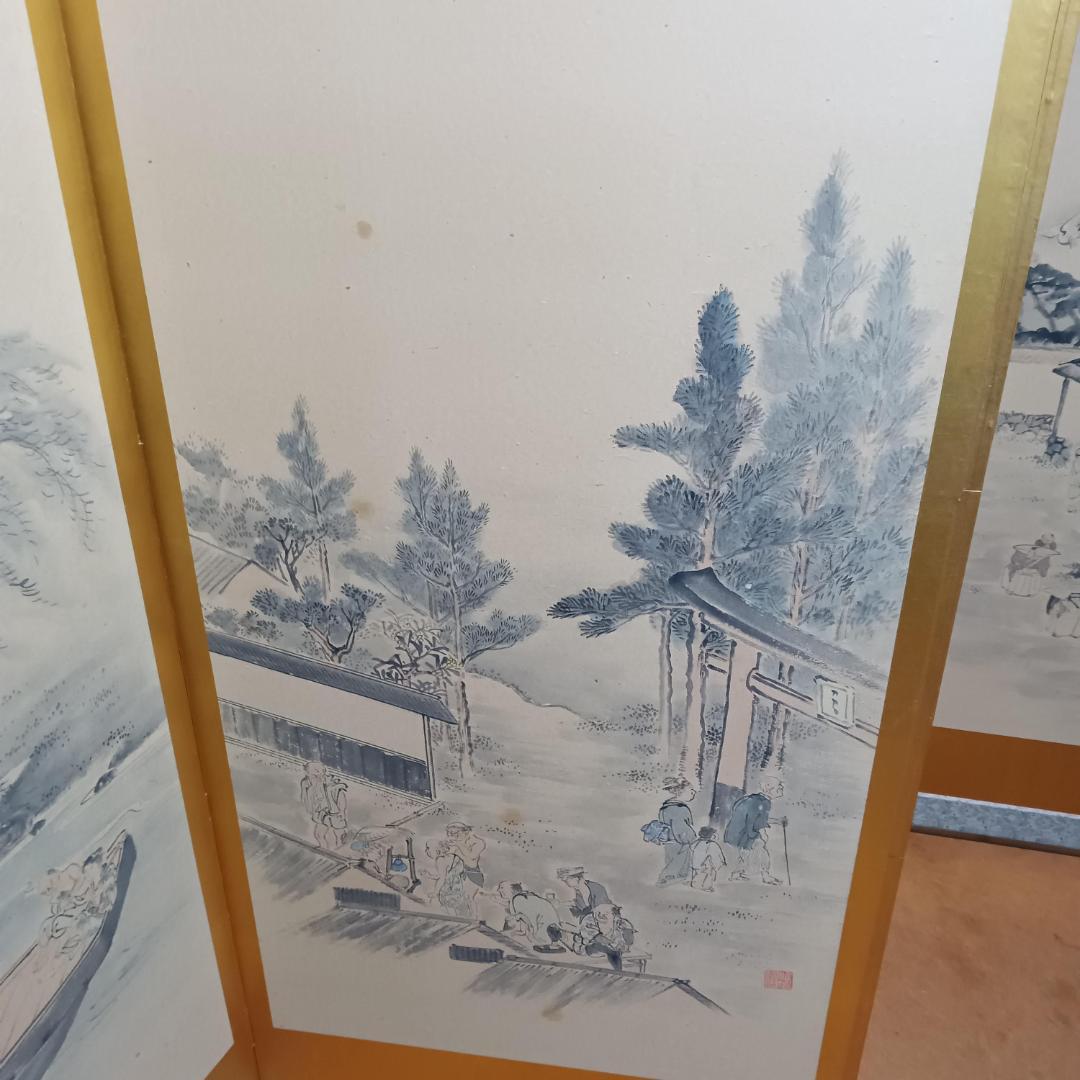 江戸時代風俗図　水墨画＆金屏風セット(175x60cm)X六曲X３枚