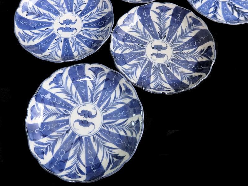 古伊万里　染付　墨弾き　撫子に蝙蝠の図 ５寸半皿　５客　252AS-CAx