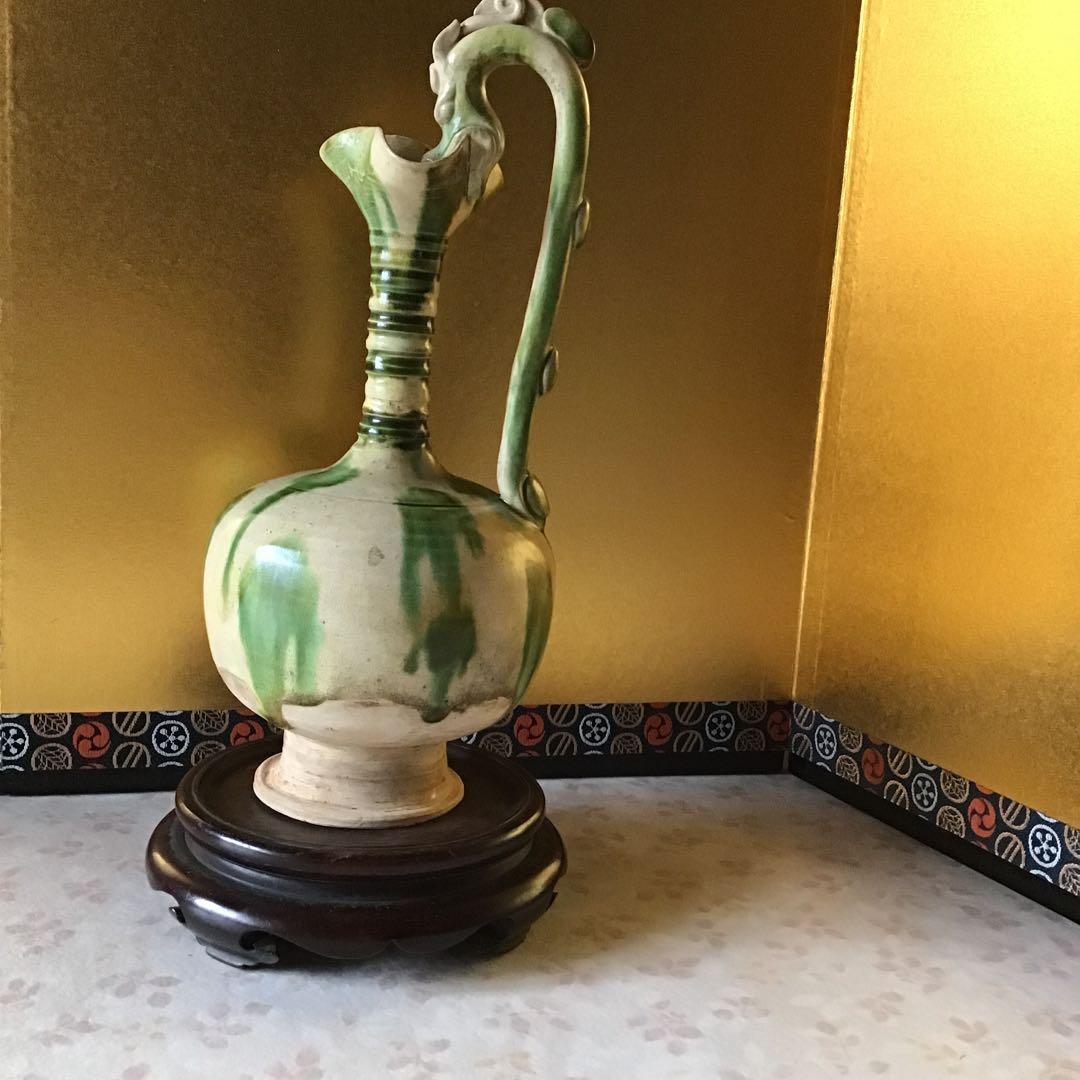 時代　唐綠黄秞竜耳瓶　中国