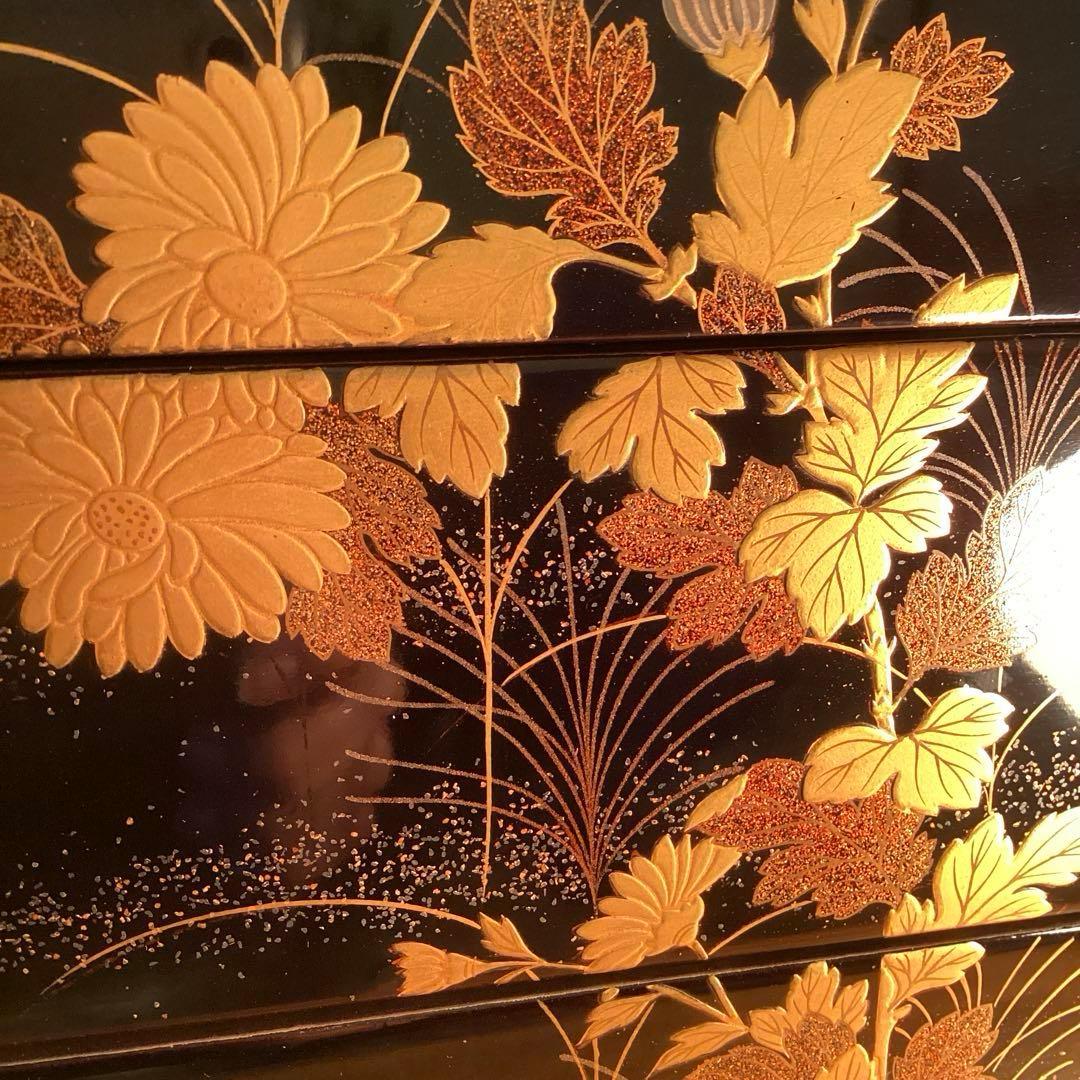 A1027 木製輪島塗　３段重箱　　「久世宗春」　草花蒔絵