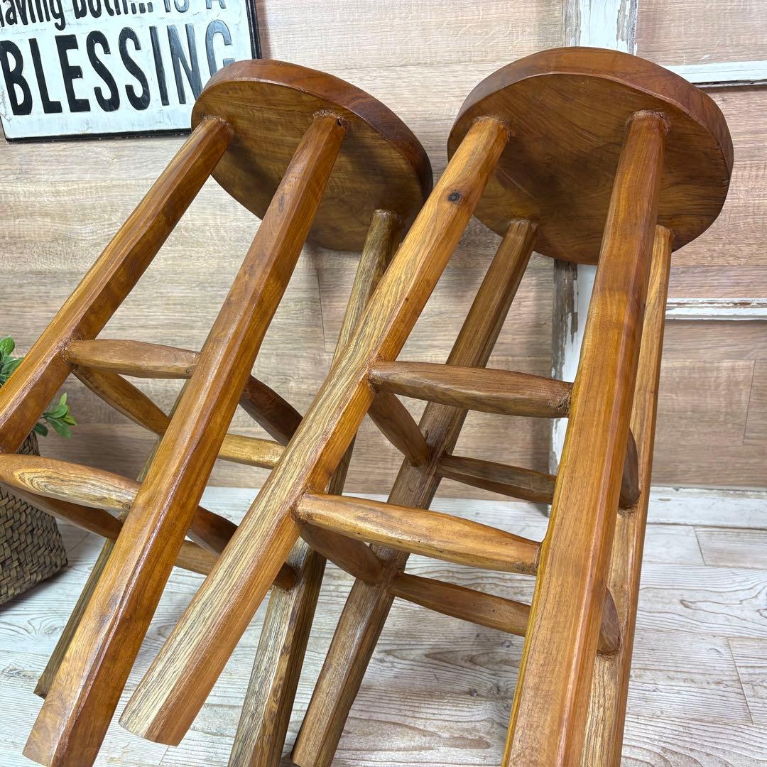 てら⭐︎オールドチーク天然無垢材丸ハイスツールカウンターチェア二点セット