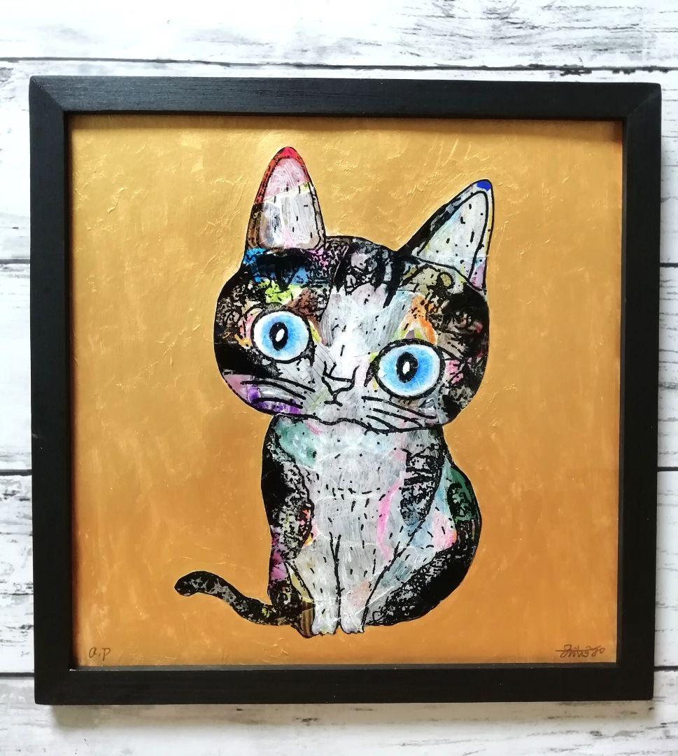 額付き銅版画応用絵画　「ひらめき猫」
