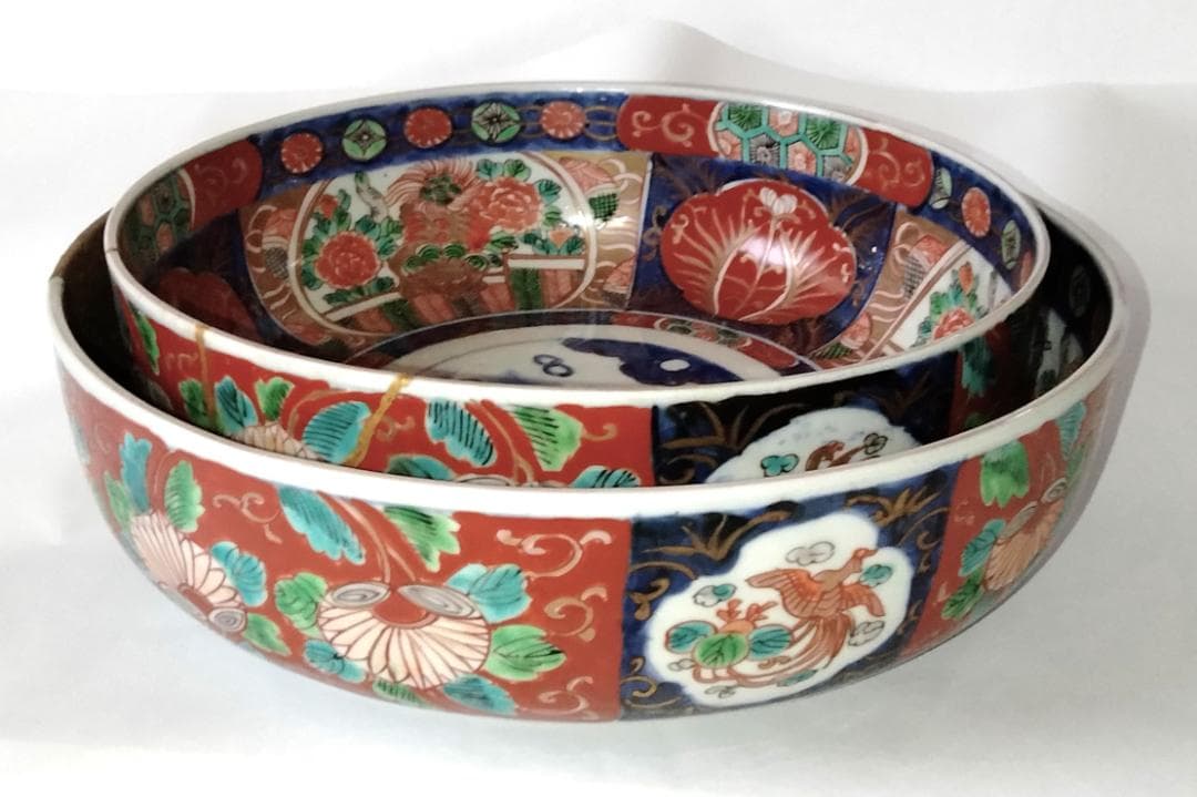 陶器 大深鉢(小) 荒波に獅子・牡丹・鳳凰 色絵 二重鉢揃い Ab-319