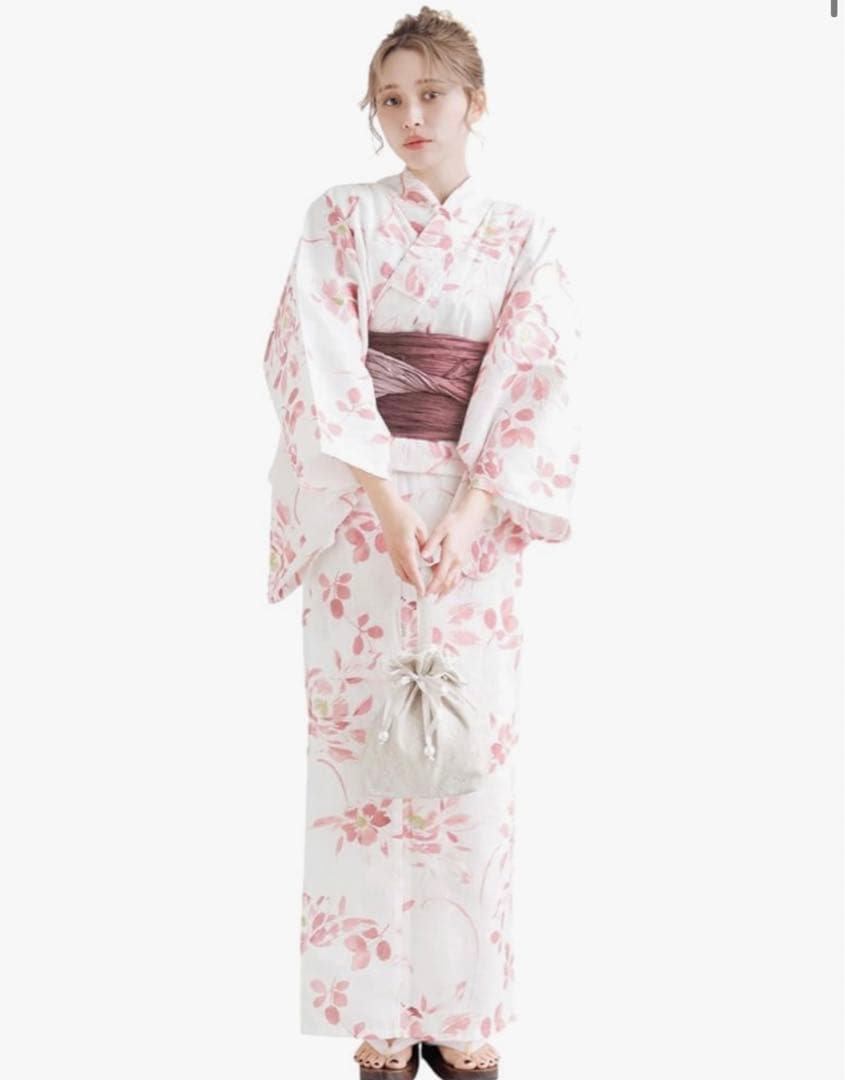 Dita レディース 浴衣 5点セット ピンク 白 花柄 水彩 和風