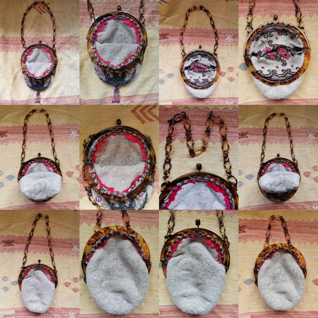 アンティーク マイクロベビービーズ花刺繍レース編巾着バッグ アールヌーボー