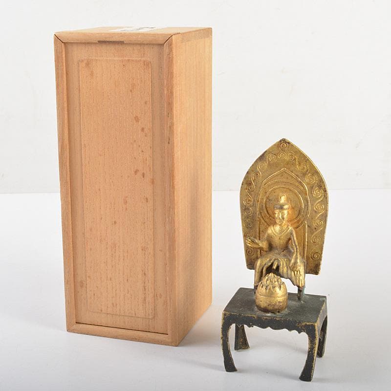 仏教美術　高麗～李朝時代　古銅鍍金　弥勒菩薩半跏像　時代箱　M　R7420