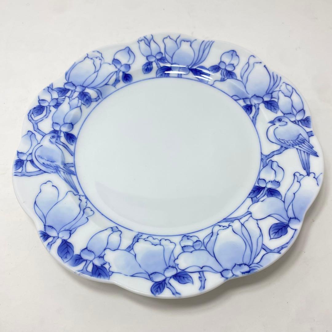 【未使用品】深川製 染付 木蓮 ケーキ皿 直径 約20cm 宮内庁御用達