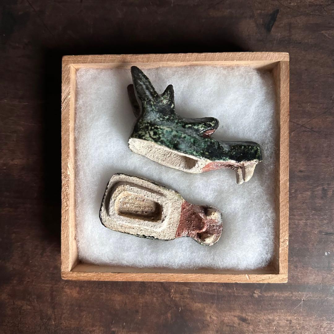 【珍品】美濃焼 織部焼 香道具 龍の頭型香合  龍頭香合 陶印あり 骨董