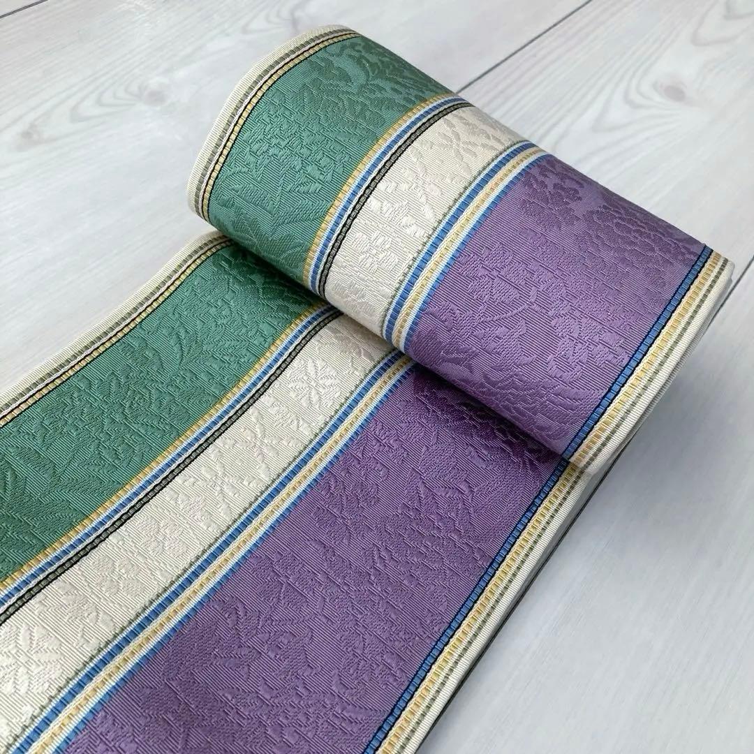 本場筑前博多織　半幅帯　織り出し　花唐草模様　縞模様　正絹　ポケット付No.45