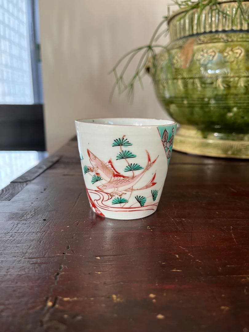 珍図　江戸中期　古伊万里　鮎水草流水そば猪口　蕎麦猪口　無傷　本掲載品　双魚
