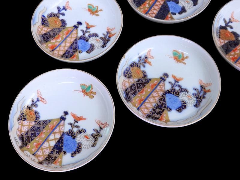 古伊万里　色絵　蝶に菊の図　４寸皿　５枚　C109AS-DAe