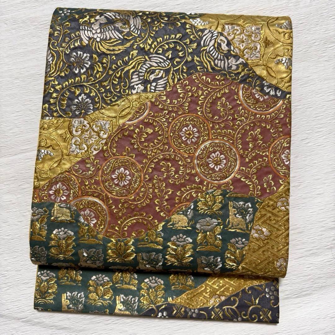 m-92 総刺繍　金駒刺繍　蘇州刺繍 鳥 花兎 金糸 袋帯 正絹