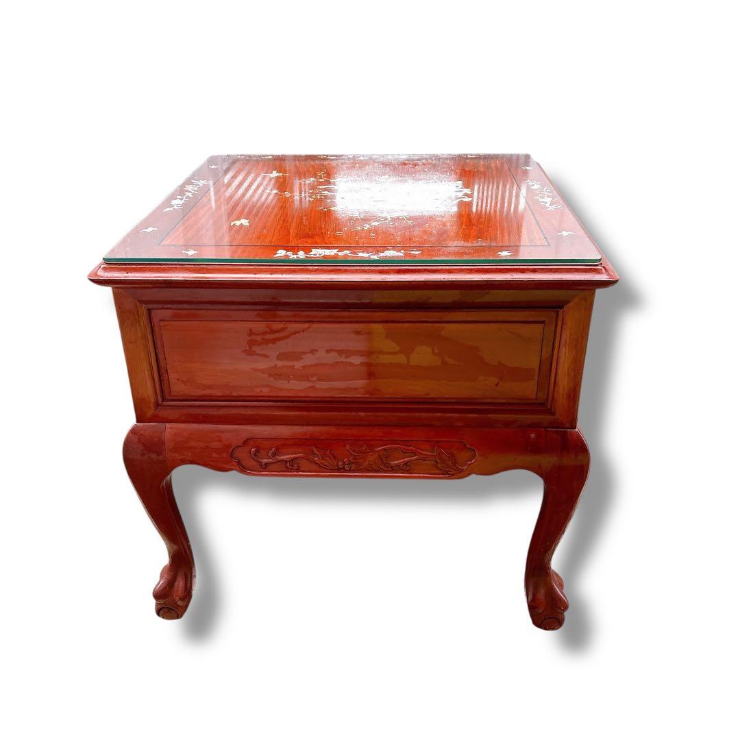 アンティーク 猫脚 螺鈿細工 木製 サイドテーブル 花鳥図 引き出し付き 赤茶