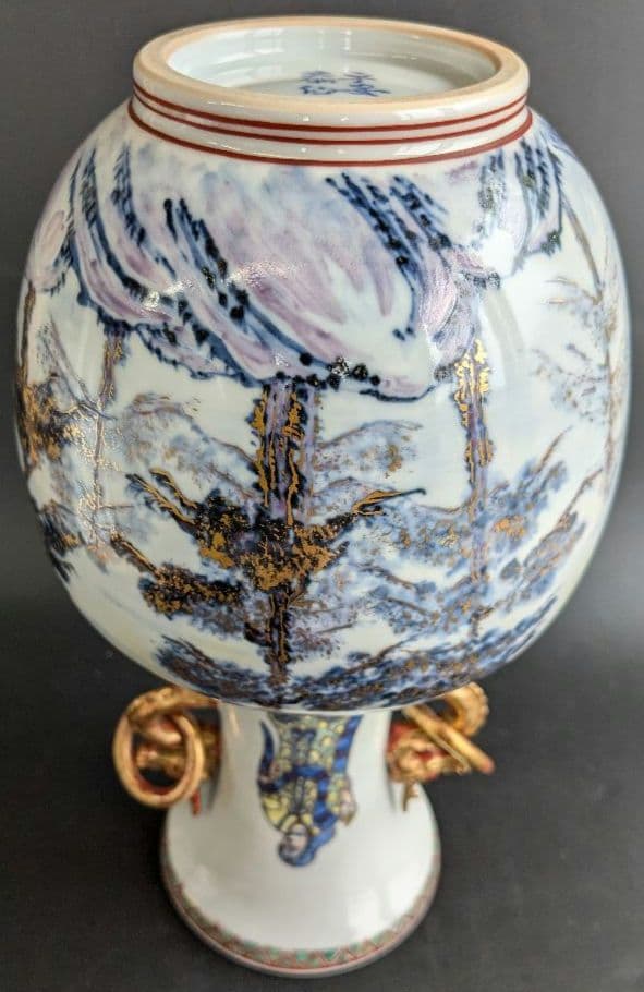 金彩染付彩色松文双耳壷